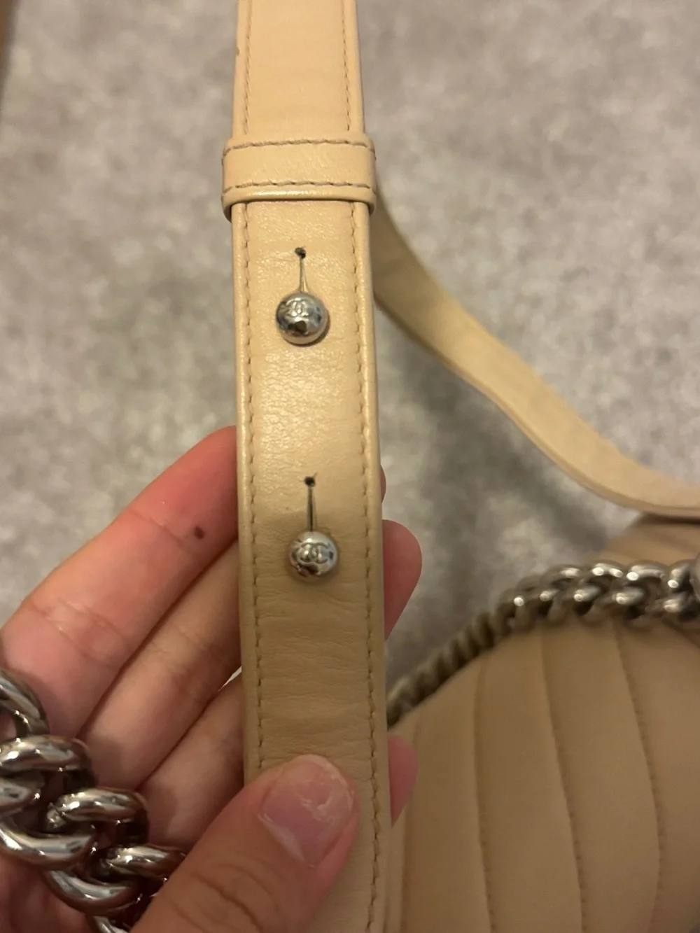 CHANEL Chevron Leather Boy Bag in Beige with Silver-Tone Hardware